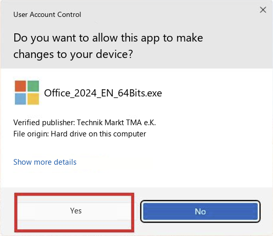 Windows asking permission to run the Office installer