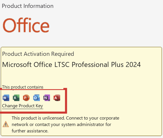 Office Product Information screen with Change Product Key marked