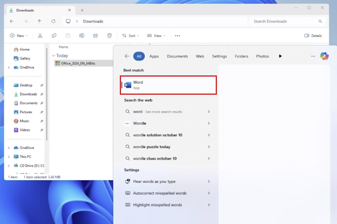 Windows Start menu search showing Word