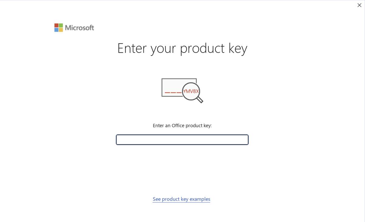 Office window asking you to enter your product key